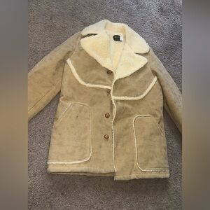 Vintage Swingster Shearling Sherpa Lined Suede Coat Tan Button Front